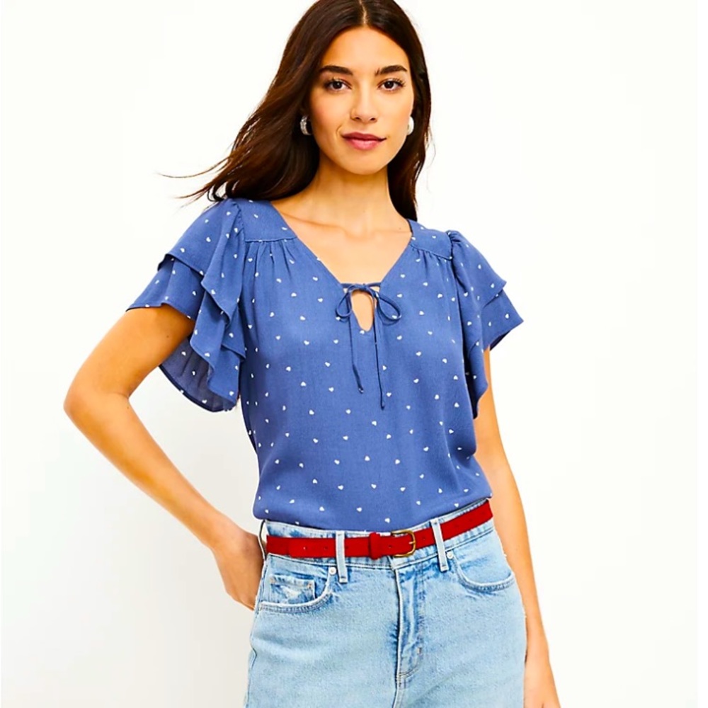 LOFT HEART TIE NECK FLUTTER SLEEVE TOP SZ L NWT